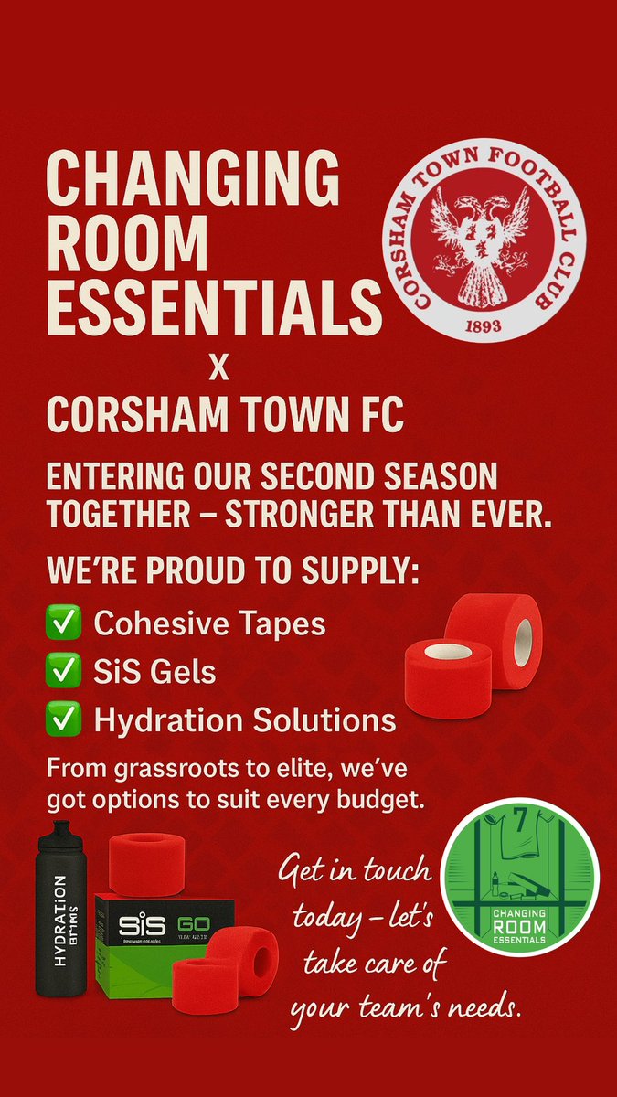 ChangingRoomEst's tweet image. Changing Room Essentials x @CorshamTownFC
Entering our second season together – stronger than ever.
supplying -
Cohesive Tapes
SIS Gels
Hydration drinks
From grassroots to elite, we’ve got options to suit every budget
Get in touch today.
let’s take care of your team’s needs