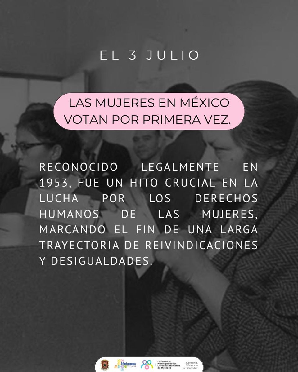 DefensoriaDHM's tweet photo. El 3 de julio no solo significó que las mexicanas pudieran votar por primera vez en elección federal, sino que fue el resultado de décadas de organización, coraje y reformas legales.
#EstamosEnLaRuta #Metepec #DerechosHumanos #IgualdadDeGénero #IgualdadDeDerechos https://t.co/9Sl1Xwi2oi