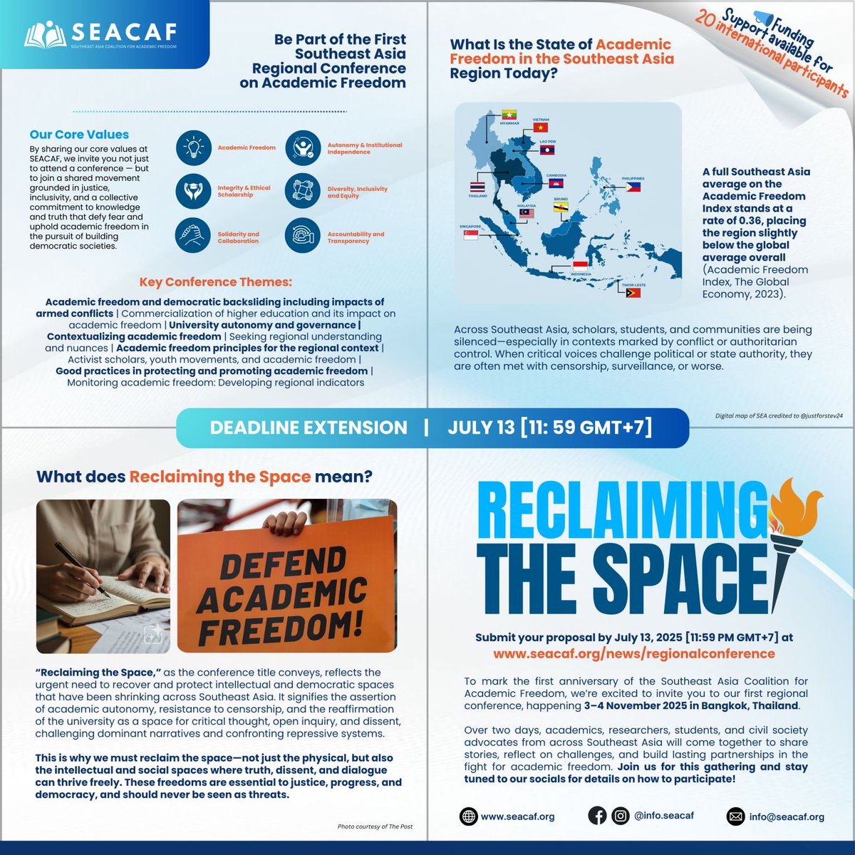 The deadline for proposal submissions for Reclaiming the Space: The First Southeast Asia Regional Conference by @info_SEACAF on #AcademicFreedom is EXTENDED! Submit proposals by 13 July at: 
ow.ly/6HVt50WjhJq
Funding is available for 20 selected international participants.