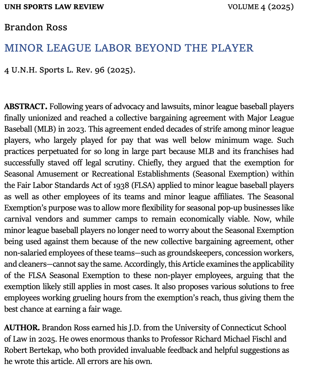 In personal sports but also legal news: I am excited to share that my article, Minor League Labor Beyond the Player, has been published in the UNH Sports Law Review!

This should particularly interest my followers who have worked in <a href="/MiLB/">Minor League Baseball</a>. 

Link: scholars.unh.edu/cgi/viewconten…