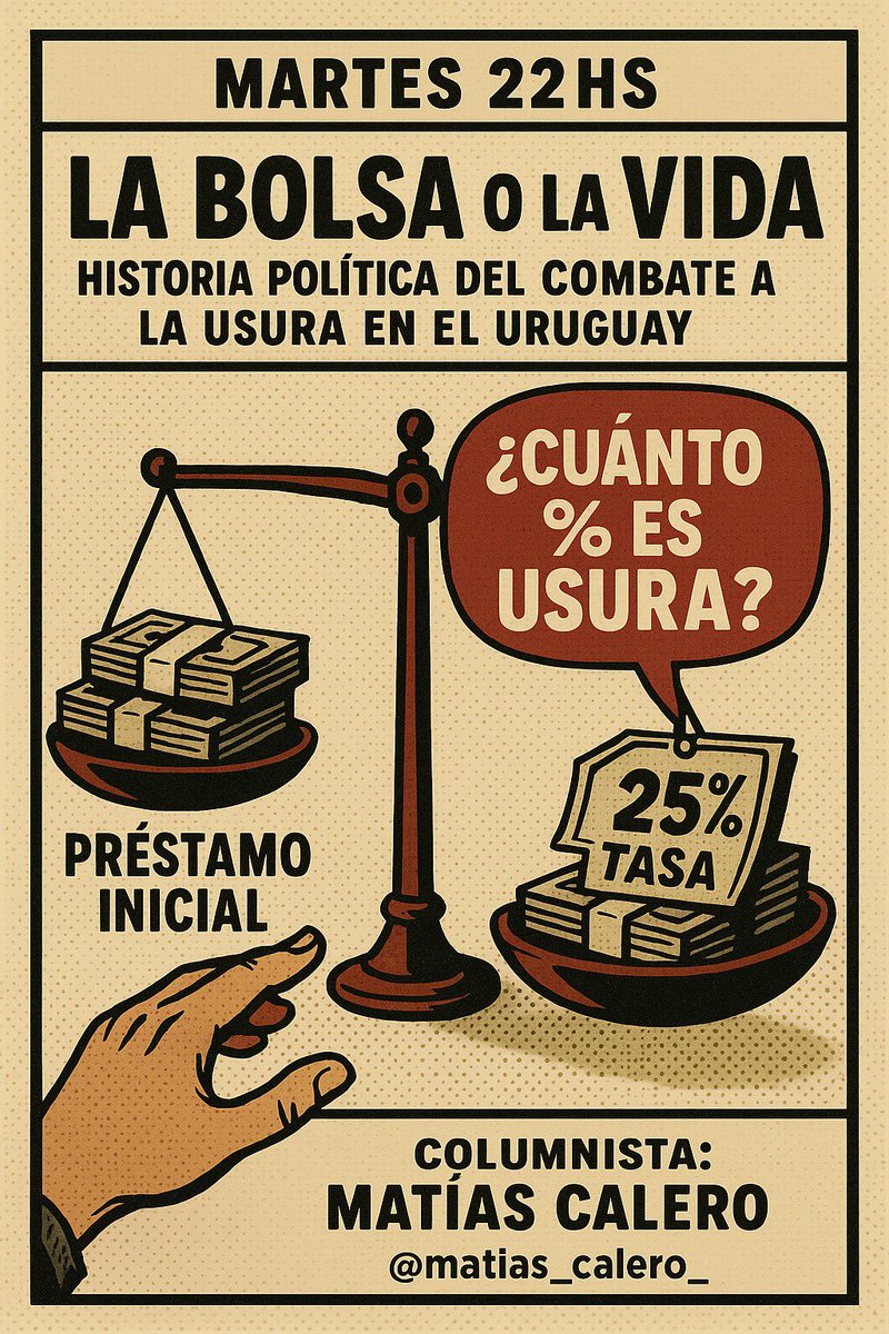🎙️ Hoy 22:00 en #LaDerechaStream
💰 La bolsa o la vida
Nuestro columnista Matías Calero  <a href="/matias_calero_/">Matías Calero</a> te cuenta la historia política del combate a la usura en Uruguay.
Una mirada sobre el poder, la deuda… y un problema que aún no parece tener solución.
📅 Hoy, martes 22 hs.