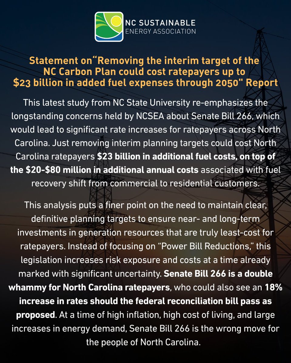 A new study from NC State University shows Senate Bill 266 "could cost ratepayers up to $23 billion in added fuel expenses through 2050." bit.ly/4nuOlZ0