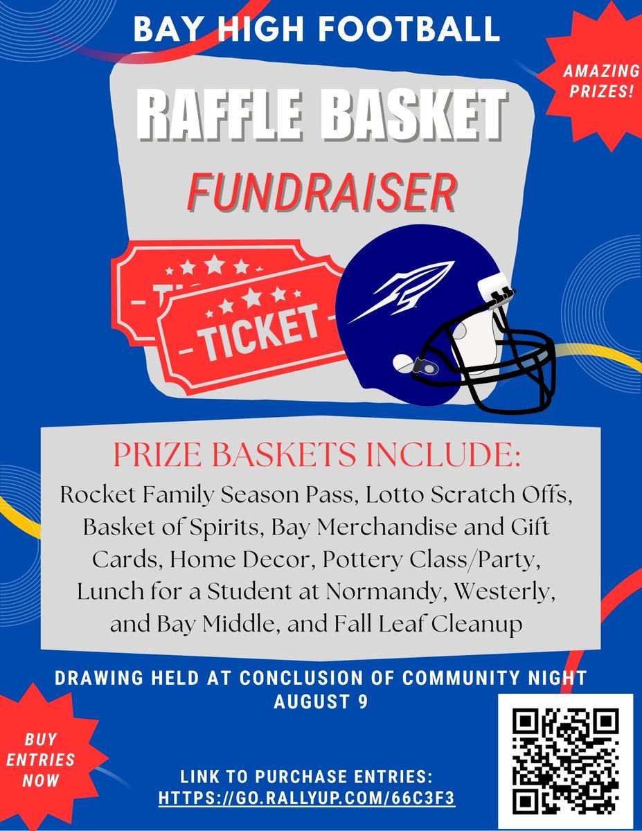 Please support the Bay High Football team by purchasing a chance to win one of the AMAZING raffle baskets! There is a basket geared towards everyone. Winners will be drawn at the conclusion of Community Night on August 9. go.rallyup.com/66c3f3/Campaig…