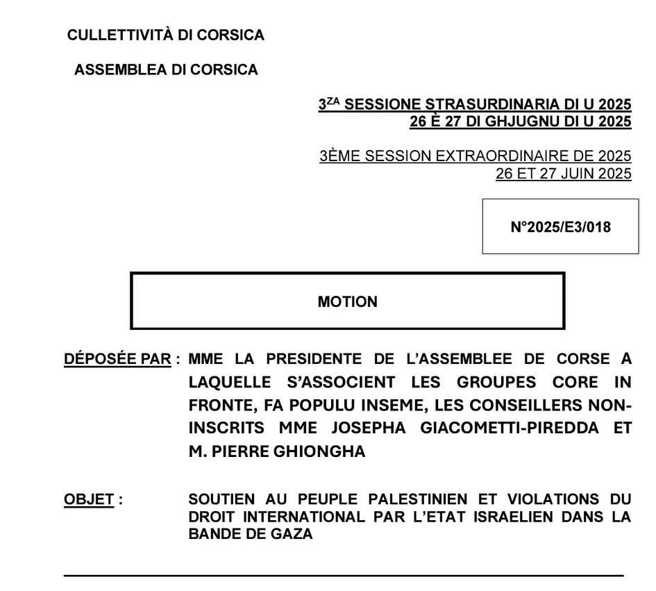 Nous saluons la décision de l' <a href="/AssembleeCorse/">Assemblea di Corsica</a> de reconnaître l'Etat de Palestine, c'est une décision courageuse et valeureuse.
Bravo à Corsica Palestina et au Collectif Corse pour une Paix Juste et Durable au Proche Orient pour leurs actions qui ont mené à cette victoire.