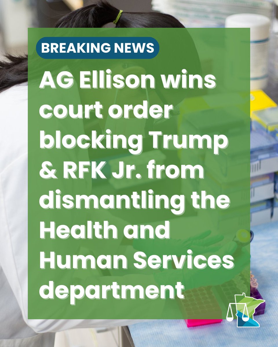 AGEllison's tweet image. The people of MN count on the Department of Health and Human Services to monitor and prevent the spread of deadly diseases, support the health of young Minnesotans, and more. I will keep fighting to make this court order permanent and defend the health and safety of MN.