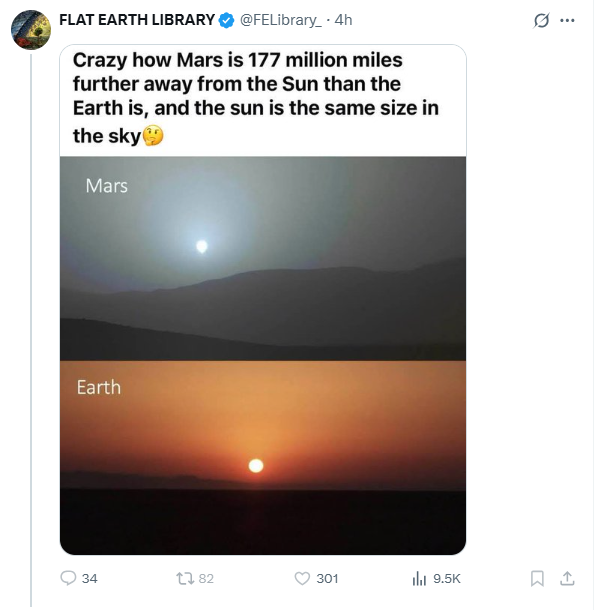 The distance from Earth to the Sun is 93 million miles, from Mars the Sun is about 142 Million miles for a difference of less than 50 million miles.  Gotta lie to flerf I guess