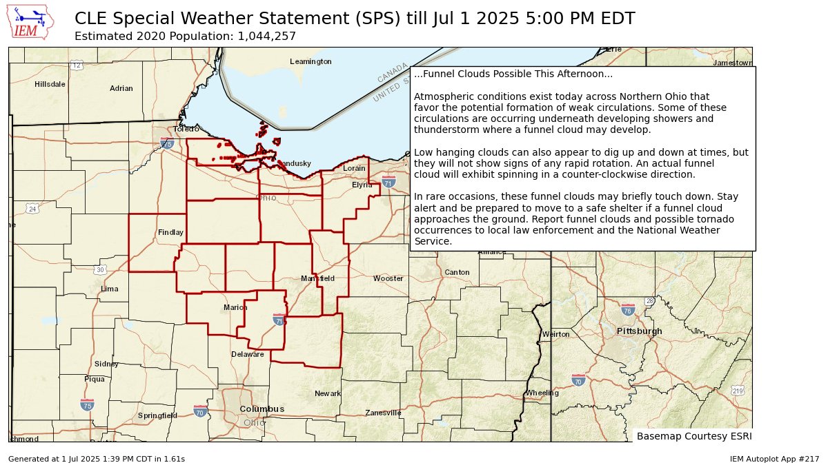 Funnel Clouds Possible This Afternoon for Ashland, Crawford, Erie, Hancock, Huron, Knox, Lorain, Marion, Morrow, Ottawa, Richland, Sandusky, Seneca, Wyandot [OH] till 5:00 PM EDT mesonet.agron.iastate.edu/p.php?pid=2025…