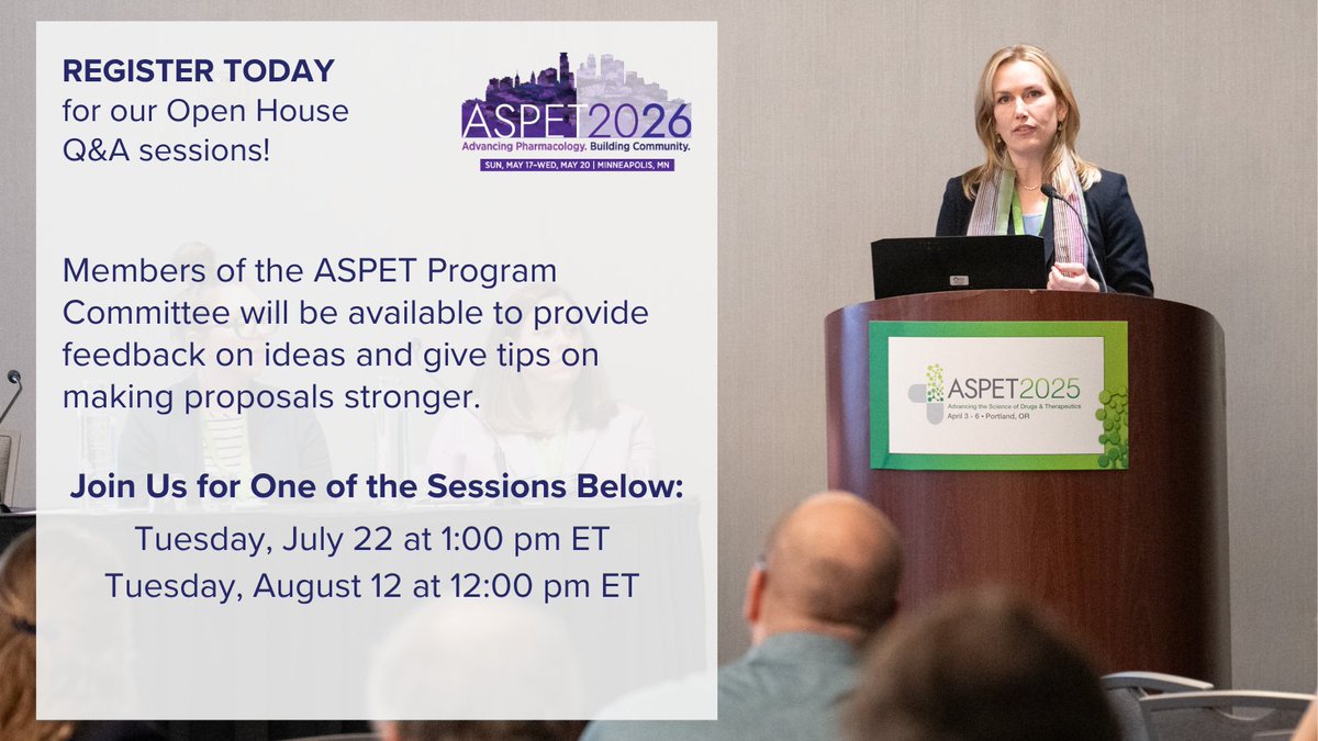 ASPET's tweet photo. Now accepting session proposals! Expand the breadth of knowledge in pharmacology by submitting your idea for a scientific session at #ASPET2026! Learn more and register for an open house session to get tips on strengthening your session proposals: https://t.co/F6ScT8NsVr. https://t.co/x4uslHzX81
