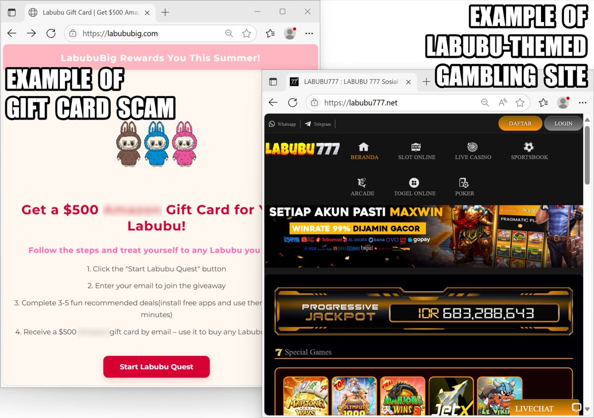 Unit42_Intel's tweet image. With the rising popularity of POP MART&apos;s Labubu, we&apos;ve seen a surge in newly registered domains (NRDs), many malicious. These domains impersonate POP MART or host #gambling and crypto #scams. Stay vigilant and always verify URLs before engaging! Details at bit.ly/3ZZ3BTR