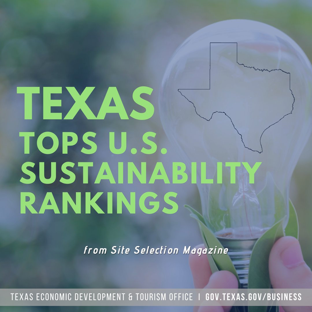 TexasEconDev's tweet image. Texas takes the #1 spot on @SiteSelection's 2025 #Sustainability Rankings! AND Austin-Round Rock-San Marcos and Dallas-Fort Worth-Arlington also take the top two spots among U.S. metros for sustainability! More here: bit.ly/4evq692