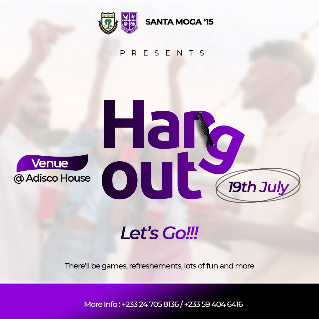 HERE WE GO!!!

The SANTAMOGA 15 hangout will take place on July 19, 2025, at the Adisco Clubhouse. Everyone is invited! 🖤🤍🤍💜🤍

Let’s gooooooo🥳🥳🔥🔥

<a href="/Adisadel_16/">Adisadel 2016</a> <a href="/Adisadel08/">Adisadel College</a> <a href="/AdisadelCoIIege/">Adisadel College</a> <a href="/adisco_global/">Adisadel College Old Boys Association</a> <a href="/Adisadel14/">Santa’ 14</a>  <a href="/Derick_K_Eshun/">Kwaku Chibuzor</a> <a href="/jmills_gh/">Stefan, CTO</a> <a href="/MfantsimanGirls/">Mfantsiman Girls</a>