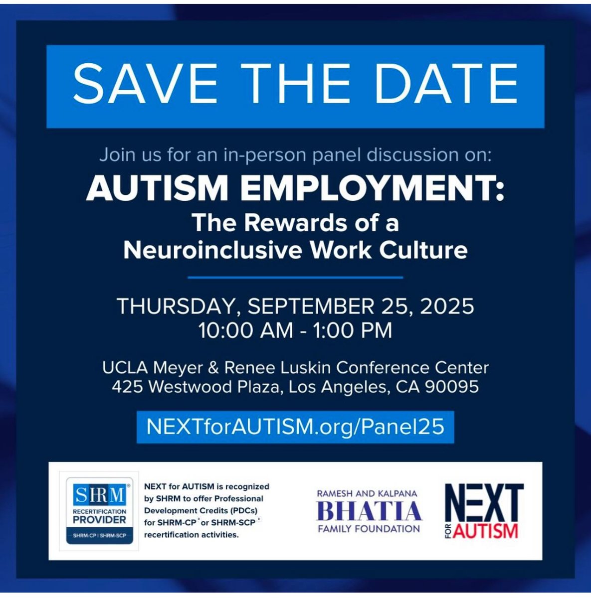 EdAsnerCenter's tweet image. 📢 Excited to share that our President & CEO, Matthew Asner, will moderate a panel on Autism Employment and the rewards of a neuroinclusive work culture!
🗓️ Sept 25 | 🕙 10AM–1PM
📍 UCLA Luskin Center, LA
🔗 Details & RSVP: nextforautism.org/neuroinclusive…
#Neurodiversity…