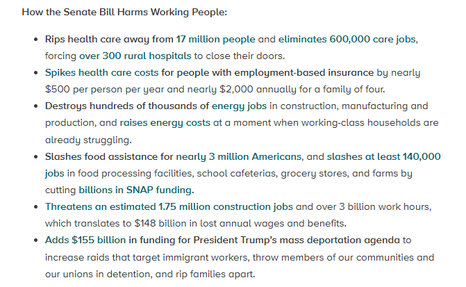 AFL-CIO โ (@aflcio) on Twitter photo America's unions cannot overstate the Senate budget reconciliation bill's overwhelming harm for working families. We condemn the <a href="/SenateGOP/">Senate Republicans</a> for doubling down on a bill that raises costs, wipes out jobs, and rips health care away from 17 million people.
aflcio.org/press/releasesโฆ America's unions cannot overstate the Senate budget reconciliation bill's overwhelming harm for working families. We condemn the <a href="/SenateGOP/">Senate Republicans</a> for doubling down on a bill that raises costs, wipes out jobs, and rips health care away from 17 million people.
aflcio.org/press/releasesโฆ