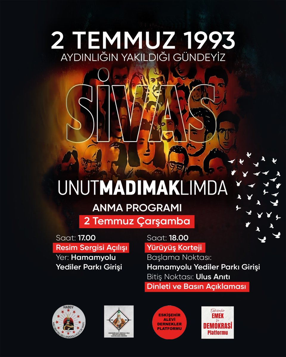 2 Temmuz 1993'teki Pir Sultan Abdal Anma etkinliğinde binlerce dinci gericinin yaktığı #Madımak Oteli'nde 33 yazar, ozan, semah ile 2 otel çalışanı yanarak, boğularak katledildi. Devlet oradaydı, seyretti.

İnsan hayvan demeden katledenlere karşı
Yarın 18.00'de Yediler Parkı'na!