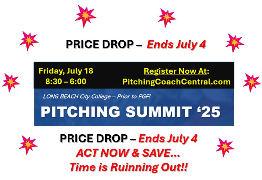 Thinking about coming to the PITCHING SUMMIT...time is running out. Register now and Save!!

📍Long Beach City College
🗓️ Friday, July 18 (PGF)
🎟️ In-Person &amp; Virtual options (plus all get videos of presentations) 

🔗pitchingcoachcentral.com/pitching-summi…