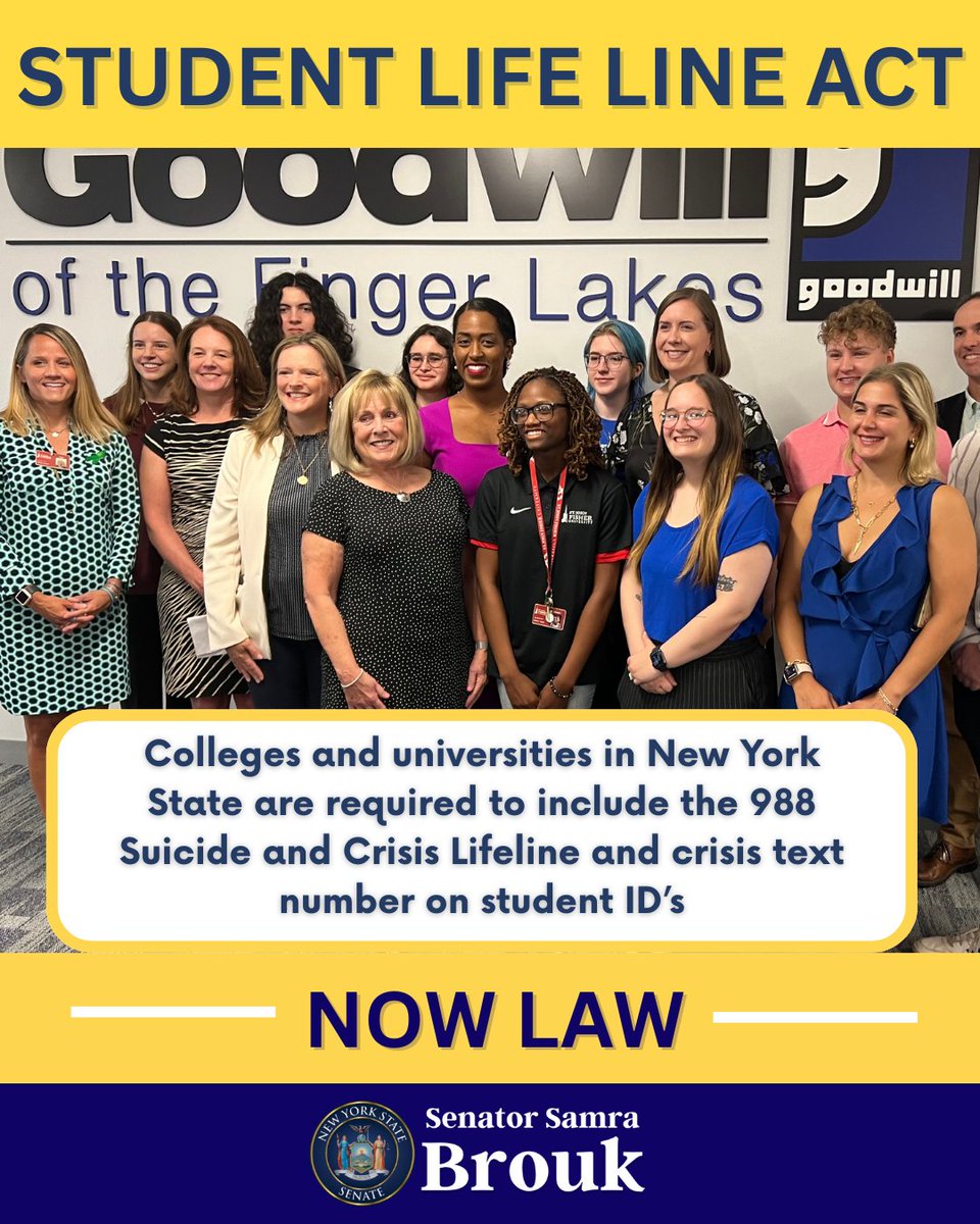 SenatorBrouk's tweet image. Proud to announce that my bill with @sarahhartclark, the Student Lifeline Act, became law today. College students in NYS will have the 988 crisis number on their students IDs– a direct connection to compassionate, lifesaving care that helps address our youth mental health crisis.