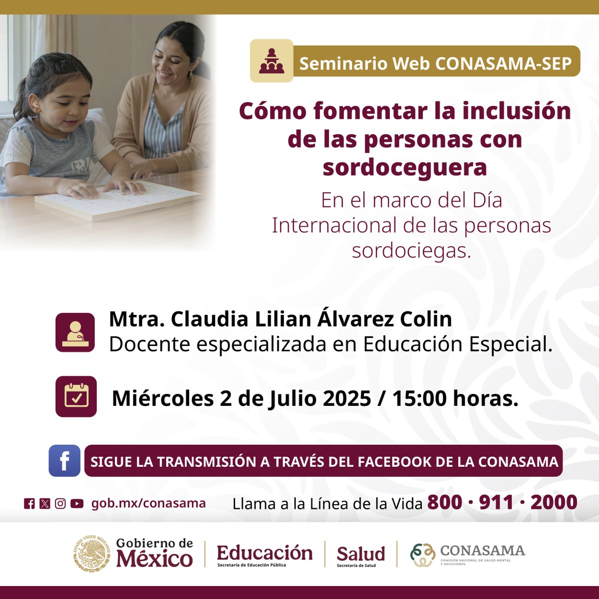 🔴 Mañana tenemos una cita en el seminario "Cómo fomentar la inclusión de las personas con sordoceguera", realizado en conjunto con <a href="/conasamamx/">CONASAMA</a>. 👂🏼👀

🎙️ Ponente: Claudia Álvarez Colin
⏰ A partir desde las 15 h.