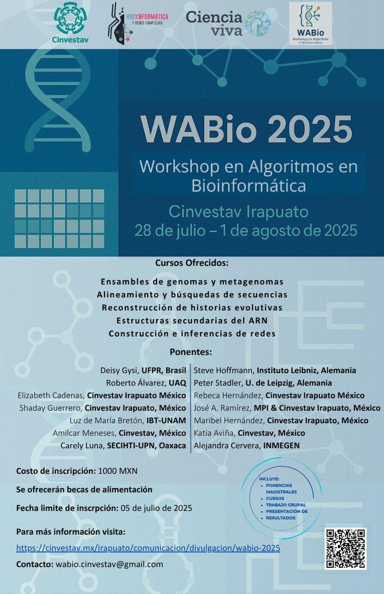 nnb_unam's tweet image. Workshop de Algoritmos en Bioinformática (WABio) 2025
Fecha Límite de Inscripción: 5 julio
cinvestav.mx/irapuato/comun…
🗓 28 julio al 1 agosto
📍@cinvestav Irapuato MX