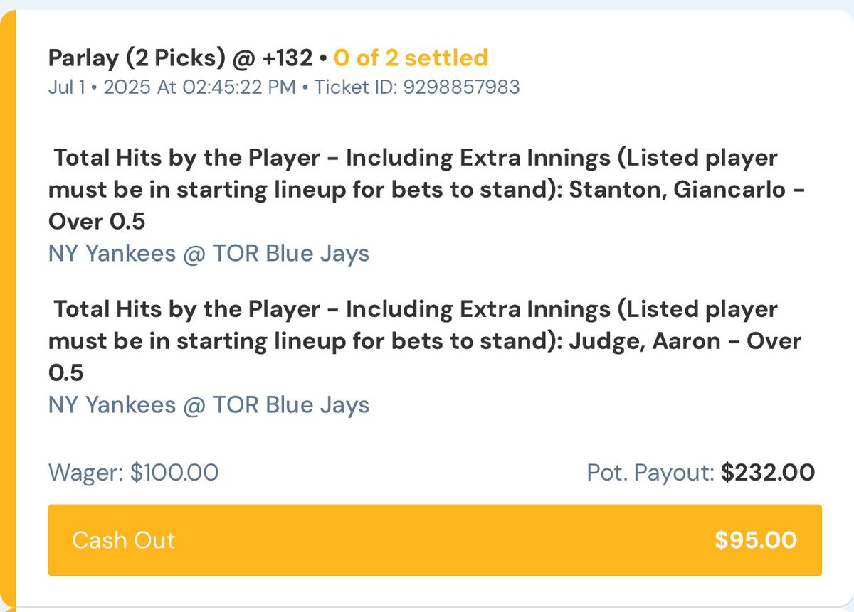 Sportbookkillaa's tweet image. 🛋️💰 $100 ➡️ $12K 7-Play Challenge 🏆
Play #1 locked in: Judge/Stanton Hit Lay 🎯
$100 ➡️ $232 ✅
Only 6 wins away…
Let’s make this make this 🛋️💰 Family!
#GamblingTwitter #MLB #HitLay #RoadTo10K