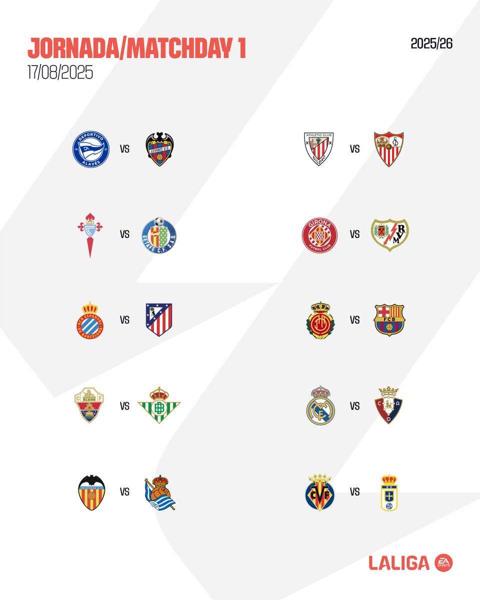 Y #LALIGAEASPORTS 2025/26 arranca así... 🔥

🗓🚨 ¡Conoce los partidos que se disputarán en la primera jornada!