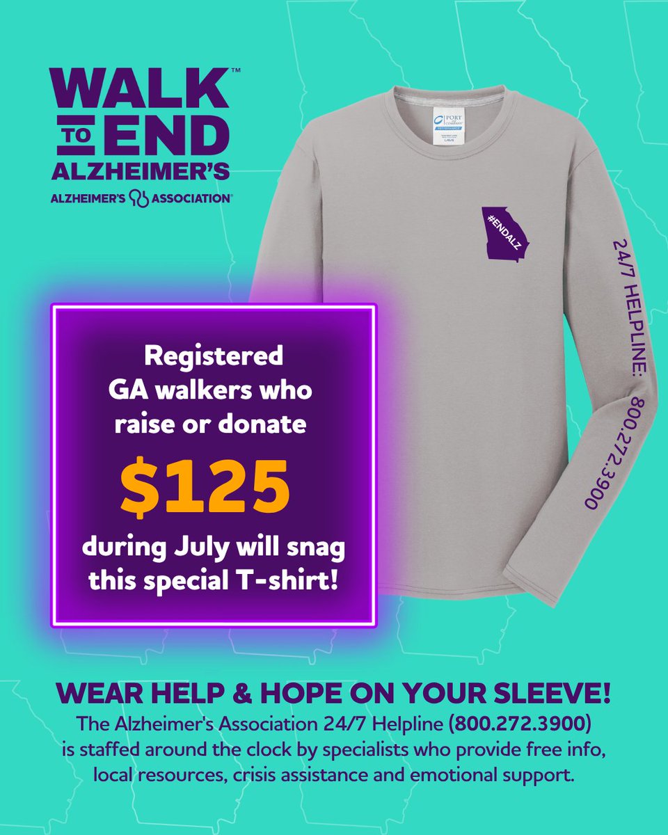 AlzGA's tweet image. Starting TODAY, all registered #Walk2EndAlz participants in Georgia who raise or donate $125 during the month of July can earn this dri-fit long sleeve T-shirt! Eligible gifts must be made July 1-31. Not registered? Get started today at georgiawalk.org.