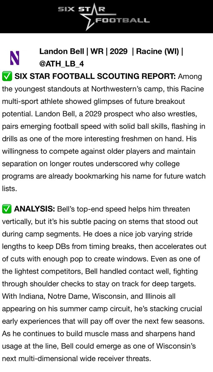 Thanks to <a href="/sixstarfootball/">Six Star Football | PLUS+</a> for the write up from <a href="/NUFBFamily/">Northwestern Football</a> camp!

<a href="/MJ_NFLDraft/">Mark Johnson</a> <a href="/PrepRedzoneWI/">Prep Redzone Wisconsin</a> <a href="/BOOMfootball/">BOOM Football</a>