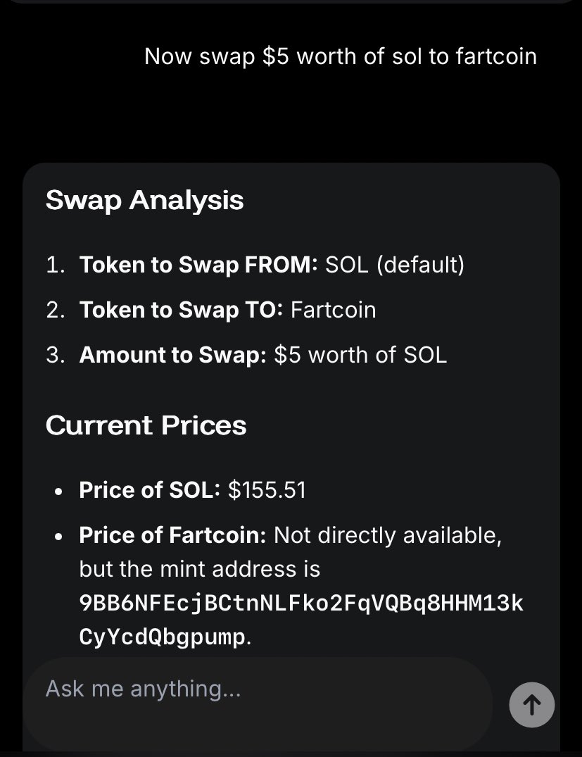 oner4ndomguy's tweet image. “You shouldn’t only preach but also follow what you preach”
I deposited funds into my warden wallet to enjoy the amazing features.
I asked the Ai which token has the potential to do 2x tomorrow and it gave a list of some tokens, I chose Fartcoin
So I asked the AI to swap $5 of…