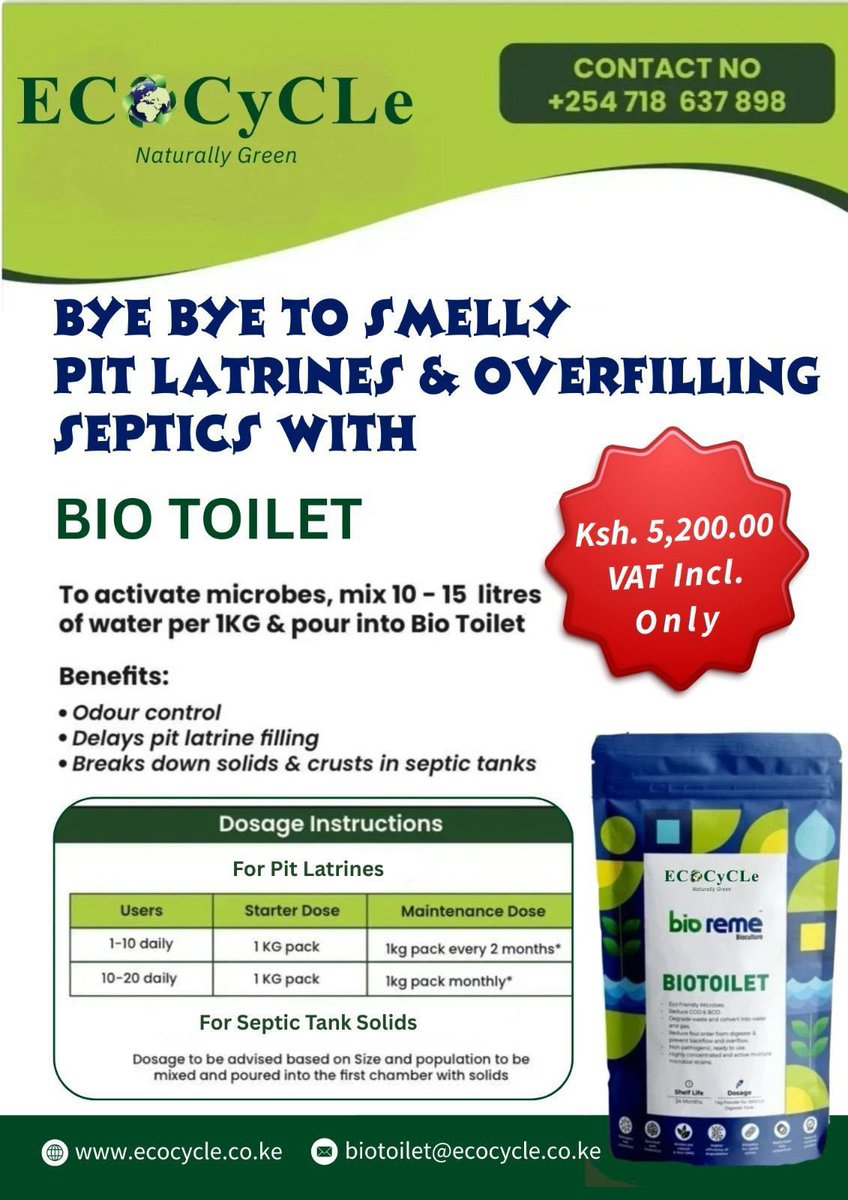 ENG.Lucy Wanjiku|CE| SEWAGE recycling Engineering (@mowteender_lucy) on Twitter photo Are you experiencing BAD SMELL from PIT LATRINEs or SEPTIC TANKS in your farms,Ranches, or know of village schools, markets etc.struggling with the same?
ECOCYCLE BIOTOILET microbes stop the BAD SMELL. Order via ๐0718637898 biotoilet@ecocycle.co.ke Are you experiencing BAD SMELL from PIT LATRINEs or SEPTIC TANKS in your farms,Ranches, or know of village schools, markets etc.struggling with the same?
ECOCYCLE BIOTOILET microbes stop the BAD SMELL. Order via ๐0718637898 biotoilet@ecocycle.co.ke