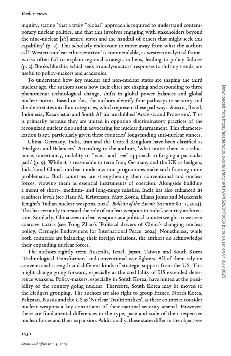 Rabs_AA's tweet image. International Affairs @IAJournal_CH just published its latest edition which carries my review of a fascinating book, 'The Global Third Nuclear Age' by Andrew Futter, Ludovica Castelli, Cameron Hunter, Olamide Samuel, Francesco Silvestri, and Benjamin Zala @andrewfutter,…