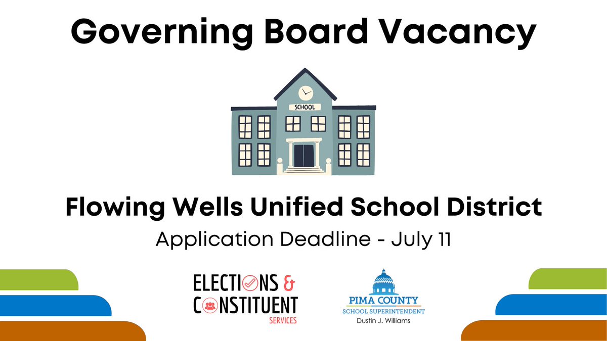 Eleven days left to submit an application for the Flowing Wells Unified School District Governing Board vacancy! Learn more: pima-county-schools.s3.amazonaws.com/downloads/17/f…

#pcsselections #pimacounty #flowingwells <a href="/thesuperteacher/">Dustin J. Williams 📚</a>