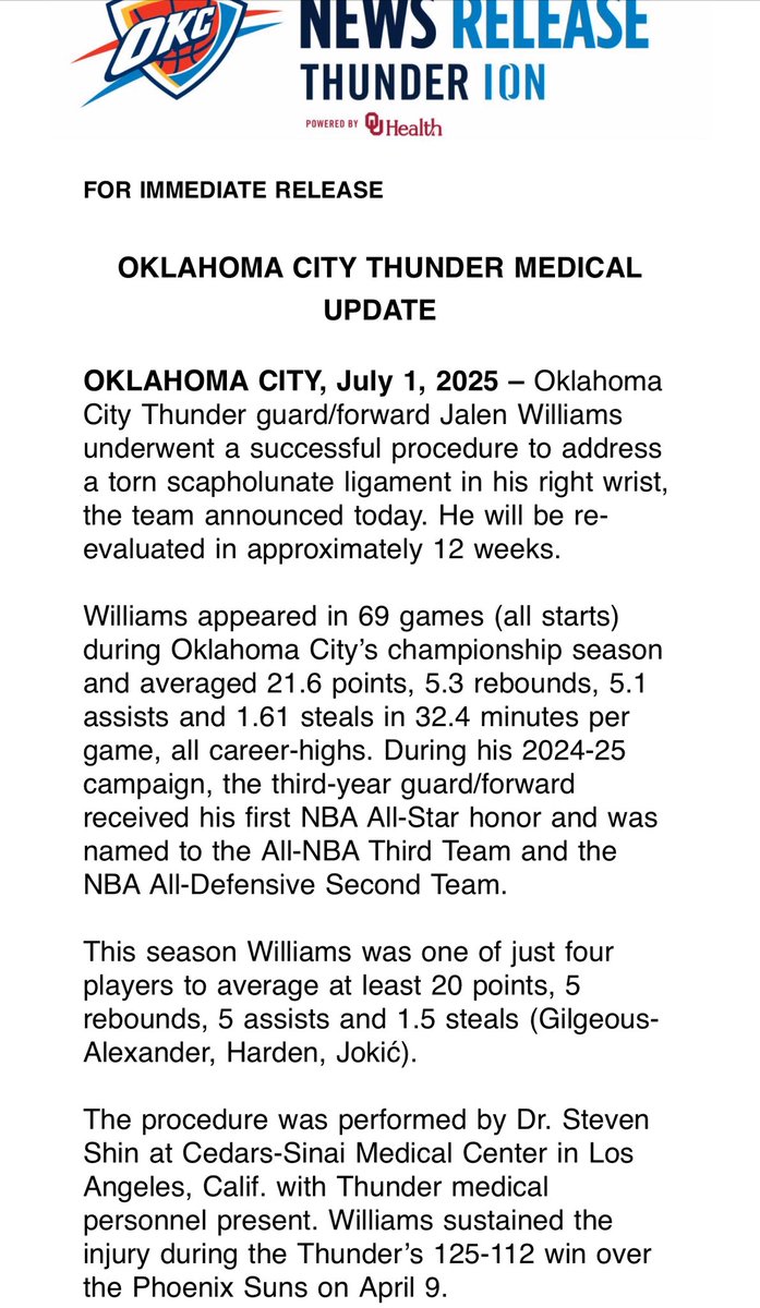 CAlmanza1007's tweet photo. Thunder PR:

Jalen Williams underwent a successful procedure to address a torn scapholunate ligament in his right wrist, the team announced today. He will be re-evaluated in approximately 12 weeks https://t.co/MXyY4u2M2n