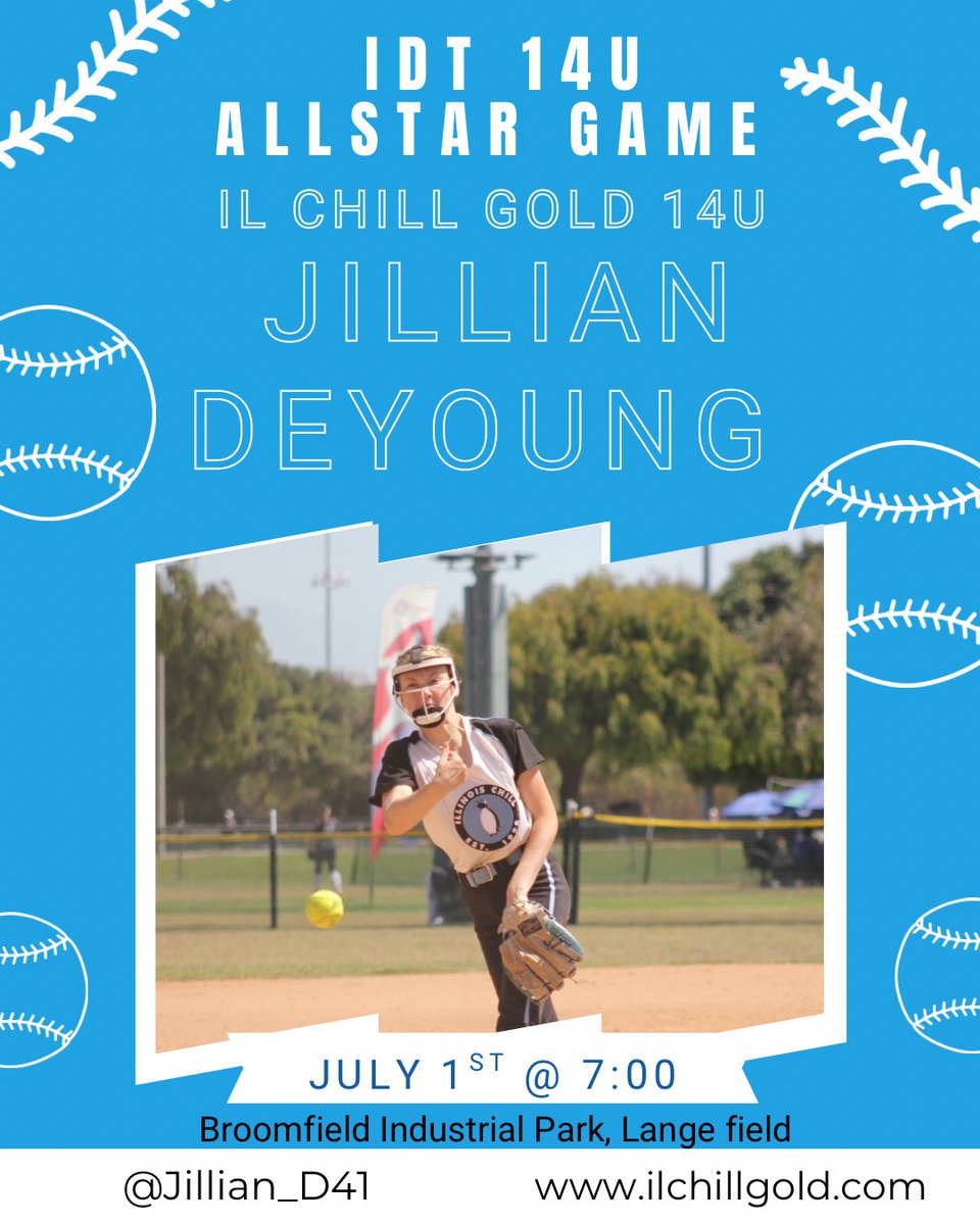 Jillian DeYoung (@jillian_d41) on Twitter photo I am excited to play in the <a href="/BoulderIDT/">Boulder IDT</a> Allstar game! Goodluck to my <a href="/ILChillGold/">Chill Gold Softball</a> teammates competing in the Allstar games as well <a href="/luluj2028/">Lulu Johnston</a> <a href="/PurchasTP3/">Taylor Purchas (c/o 2028)</a> <a href="/erinryansb2027/">Erin Ryan 2027</a> <a href="/MirandaElish/">Miranda</a> <a href="/MsDuehr/">Olivia Cocciemiglio</a> <a href="/ErnieLukesch/">Elevate Performance + Recovery</a> <a href="/PrepSoftball/">Prep Softball 🥎</a> I am excited to play in the <a href="/BoulderIDT/">Boulder IDT</a> Allstar game! Goodluck to my <a href="/ILChillGold/">Chill Gold Softball</a> teammates competing in the Allstar games as well <a href="/luluj2028/">Lulu Johnston</a> <a href="/PurchasTP3/">Taylor Purchas (c/o 2028)</a> <a href="/erinryansb2027/">Erin Ryan 2027</a> <a href="/MirandaElish/">Miranda</a> <a href="/MsDuehr/">Olivia Cocciemiglio</a> <a href="/ErnieLukesch/">Elevate Performance + Recovery</a> <a href="/PrepSoftball/">Prep Softball 🥎</a>