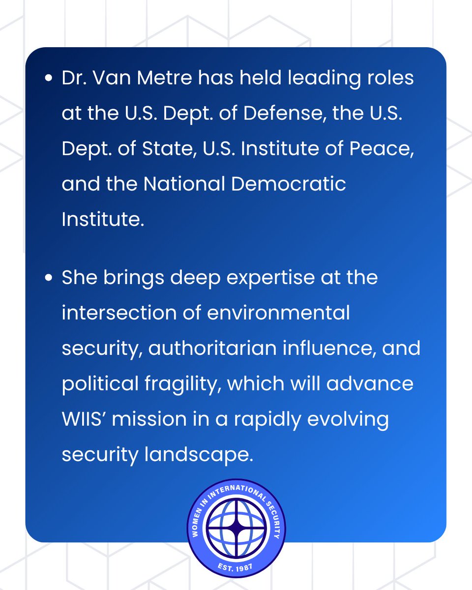 Women In International Security (@wiis_global) on Twitter photo WIIS is honored to introduce our new President & CEO, Dr. Lauren Van Metre, who brings 20+ years in the peace & security field. <a href="/resilienceworks/">Lauren Van Metre</a> has driven change in conflict zones and fostered democratic resilience, and her expertise will help WIIS grow.
wiisglobal.org/our-team/ WIIS is honored to introduce our new President & CEO, Dr. Lauren Van Metre, who brings 20+ years in the peace & security field. <a href="/resilienceworks/">Lauren Van Metre</a> has driven change in conflict zones and fostered democratic resilience, and her expertise will help WIIS grow.
wiisglobal.org/our-team/