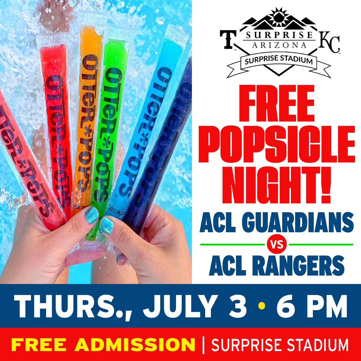 There is still time to catch a FREE game during the ⚾Arizona Complex League⚾!

Check out this week's lineup ⬇️⬇️⬇️

Tue. July 1
White Sox vs. Royals 6 p.m. | Royals Practice Complex
Weds. July 3

Guardians vs. Rangers 6 p.m. | Surprise Stadium
⭐FREE POPSICLE NIGHT ⭐
Fri. July