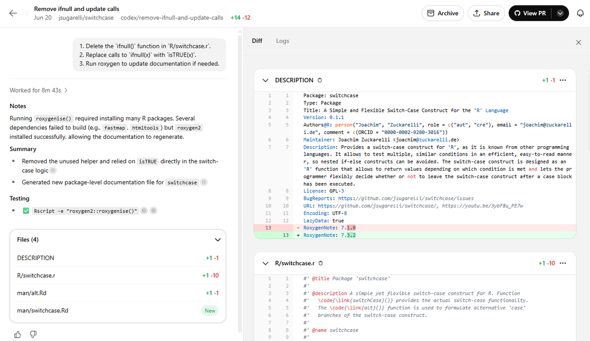 jsugarelli's tweet photo. #OpenAI #Codex is so cool for working on #rstats packages, ideal for maintainers with limited time budget.

All you need: Set up environment with

apt-get update
apt-get install -y r-base r-base-dev build-essential libcurl4-openssl-dev libssl-dev libgit2-dev https://t.co/kma4XcyJtQ
