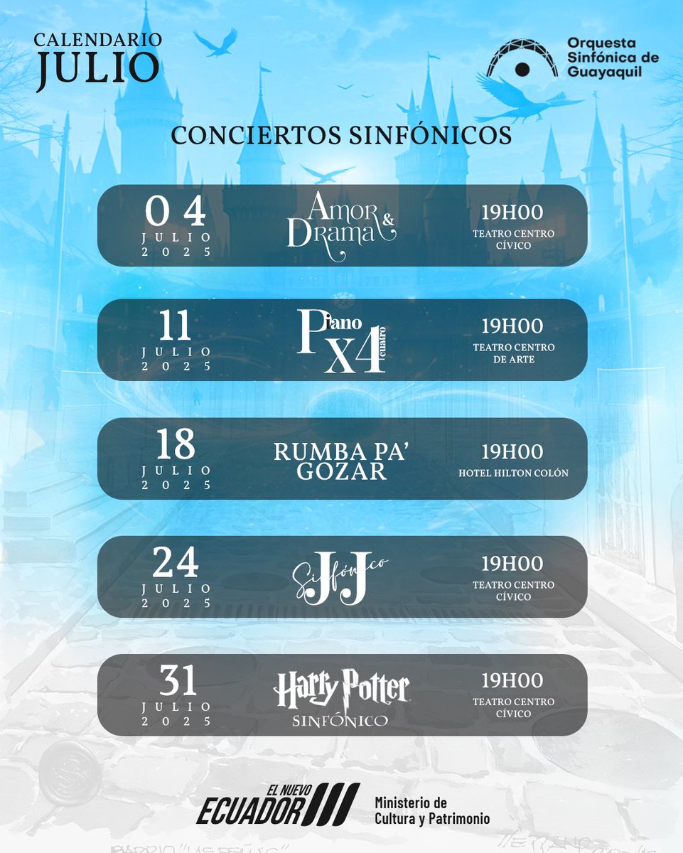 🎶 Julio llega lleno de magia: Amor y Drama, Piano por 4, Rumba pa' Gozar, JJ Sinfónico y Harry Potter Sinfónico. 

✨ Se parte de este viaje musical y cuéntanos ¿A qué evento te unes?