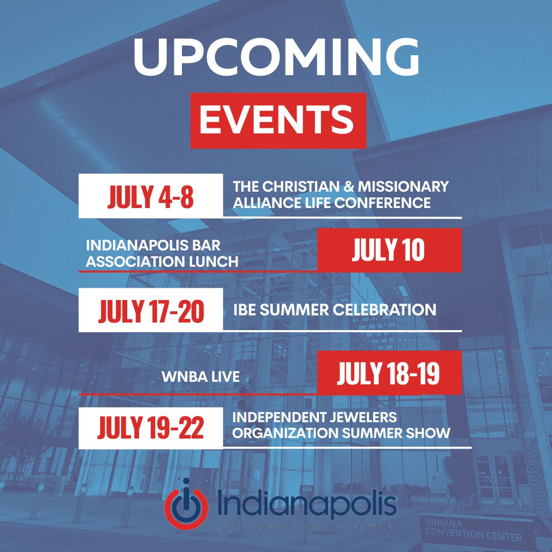 Indiana Convention Center (@icclos) on Twitter photo Hi Julyโ๏ธ! Let's see what the beginning of the month has in store:
๐
July 4-8 / The Christian & Missionary Alliance LIFE Conference โช
๐
July 10 / Indianapolis Bar Association Lunch โ๏ธ
๐
July 17-20 / <a href="/INBlackExpoInc/">Indiana Black Expo</a> Summer Celebration ๐
๐
July 18-19 / <a href="/WNBA/">WNBA</a> Live ๐
๐
July Hi Julyโ๏ธ! Let's see what the beginning of the month has in store:
๐
July 4-8 / The Christian & Missionary Alliance LIFE Conference โช
๐
July 10 / Indianapolis Bar Association Lunch โ๏ธ
๐
July 17-20 / <a href="/INBlackExpoInc/">Indiana Black Expo</a> Summer Celebration ๐
๐
July 18-19 / <a href="/WNBA/">WNBA</a> Live ๐
๐
July