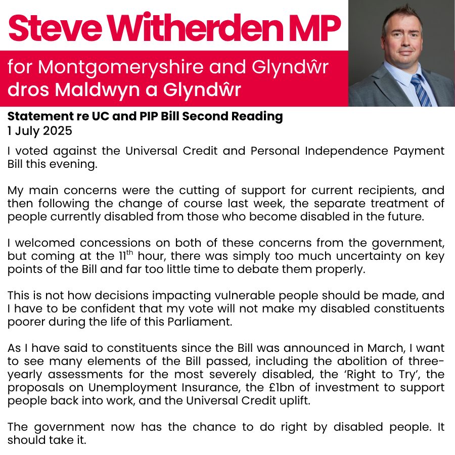 switherdenMP's tweet image. I voted against the UC and PIP Bill this evening.
I welcome tonight's concessions and want to see the positive elements of the Bill implemented but there was simply too much uncertainty and too little notice.
This is not how decisions impacting vulnerable people should be made.
