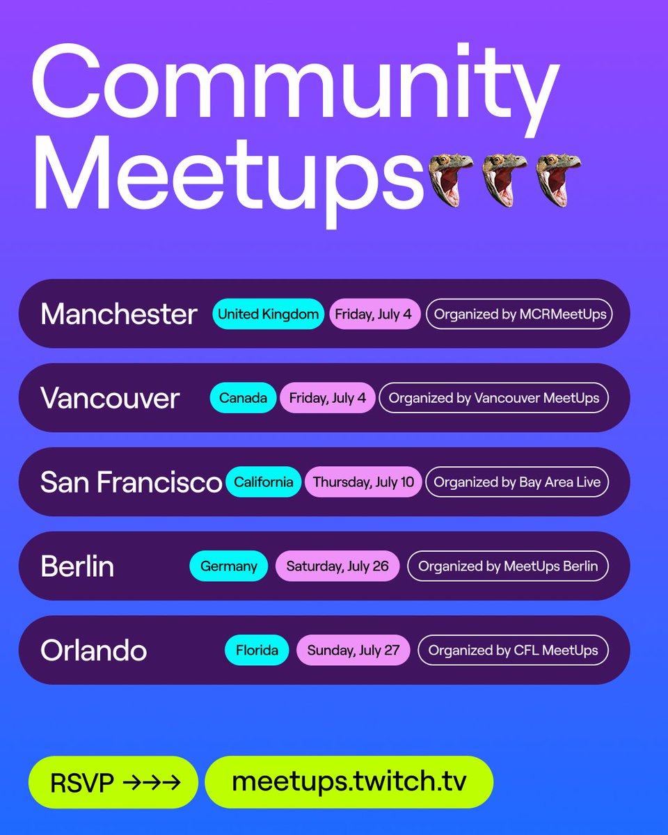 Twitch's tweet image. It’s July? ☀️ Time for a new month filled with Community MeetUps!
Whether you’re there for the vibes, the chats, to meet your internet friends IRL, or to enjoy some A/C — these events are built by the community, for the community.
Pull up, make it yours, and we’ll see you…