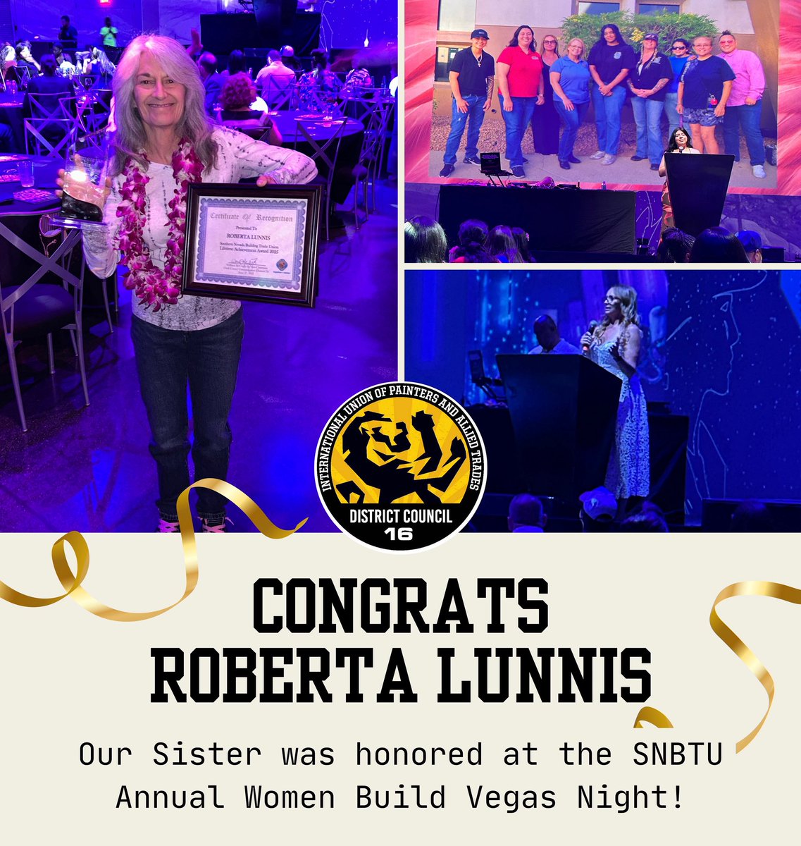 A heartfelt congratulations to our Sister Roberta Lunnis for receiving the Southern Nevada Building Trades Union Lifetime Achievement Award at the annual Women Build Vegas night! 🏆 With over 33 years dedicated to IUPAT and Local 159, Roberta has made an unforgettable mark!
