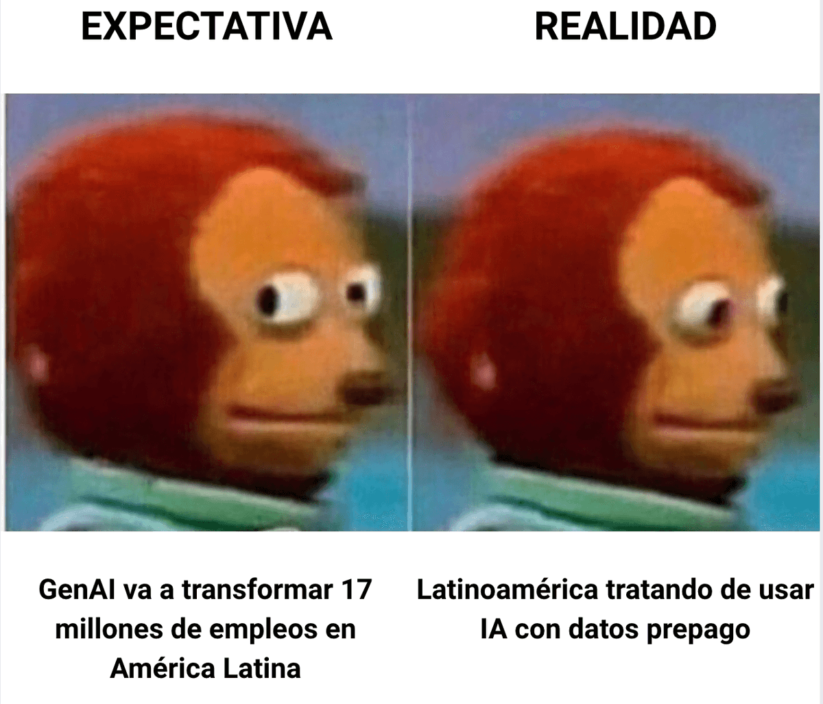 La GenAI transformará millones de trabajos en Latam 🌎…
pero la transformación más urgente sigue siendo del Internet "ilimitado" que dura tres días 😭.
Bienvenidos al futuro, siempre que tengas saldo.

Descubre más en nuestra última edición 👇