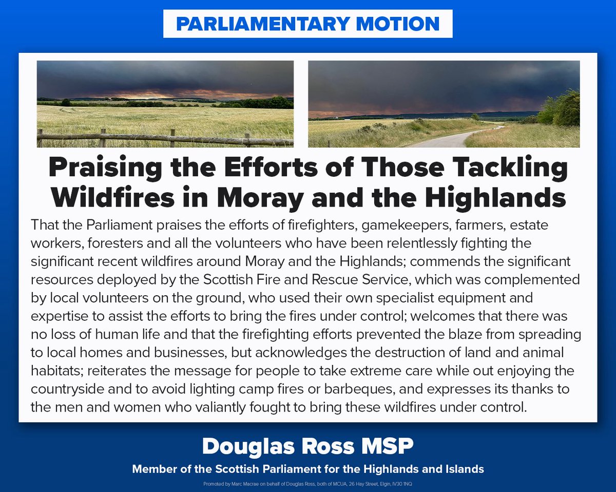 While there is still work ongoing to monitor the aftermath of the wildfires over the last few days, I was pleased to lodge this motion in the Scottish Parliament praising the efforts of everyone involved in bringing the blazes under control.