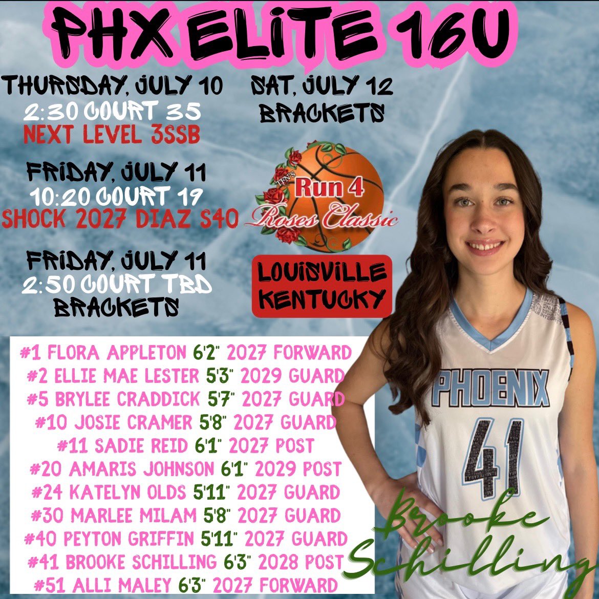 Brooke Schilling (@bschilling_2028) on Twitter photo My team and I would love for you to come watch us play in the <a href="/TFNsRun4Roses/">TFN's Run 4 Roses</a> Classic! 🏀🔥
<a href="/JohnHannafin2/">John Hannafin</a> <a href="/hearlyvaughn/">Hannah Early Vaughn</a> <a href="/Coach_Tau/">Helen Tau</a> <a href="/annaleselamke/">Annalese Lamke</a> <a href="/CoachK_Killion/">Kelly Killion</a> <a href="/coachmcguire/">Mike McGuire</a> <a href="/YolandaCole21/">Yolanda Cole</a> <a href="/CoachDay80/">Chris Day</a> <a href="/Coach_Jay21/">Coach Jay</a> <a href="/_CoachKThomp/">Kennedi Thompson</a> <a href="/coachcim/">Linda Cimino</a> <a href="/CoachTPatch/">Tyler Patch</a> <a href="/CandiWhitaker5/">Candace Whitaker</a> <a href="/amicker23/">Addie Micir</a> My team and I would love for you to come watch us play in the <a href="/TFNsRun4Roses/">TFN's Run 4 Roses</a> Classic! 🏀🔥
<a href="/JohnHannafin2/">John Hannafin</a> <a href="/hearlyvaughn/">Hannah Early Vaughn</a> <a href="/Coach_Tau/">Helen Tau</a> <a href="/annaleselamke/">Annalese Lamke</a> <a href="/CoachK_Killion/">Kelly Killion</a> <a href="/coachmcguire/">Mike McGuire</a> <a href="/YolandaCole21/">Yolanda Cole</a> <a href="/CoachDay80/">Chris Day</a> <a href="/Coach_Jay21/">Coach Jay</a> <a href="/_CoachKThomp/">Kennedi Thompson</a> <a href="/coachcim/">Linda Cimino</a> <a href="/CoachTPatch/">Tyler Patch</a> <a href="/CandiWhitaker5/">Candace Whitaker</a> <a href="/amicker23/">Addie Micir</a>