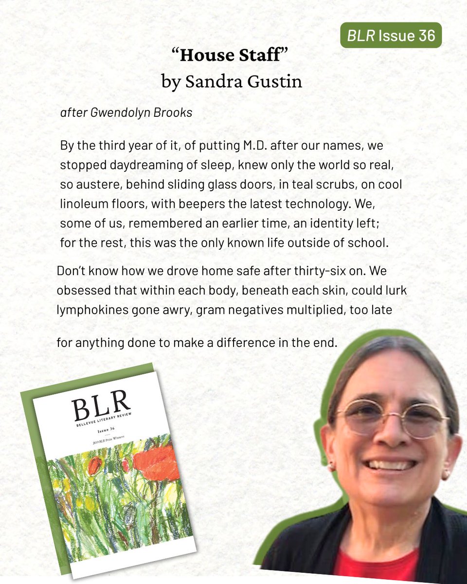 BLReview's tweet image. Best of luck to all the medical interns across the country starting their residency today! 🎉 In recognition, here's a poem on the resident experience by Sandra Gustin.
Read the full poem here: blreview.org/poetry/house-s…