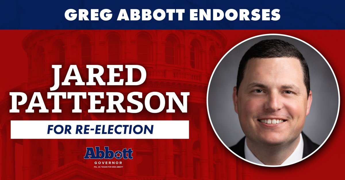 AbbottCampaign's tweet image. TODAY: Governor @GregAbbott_TX endorsed @JaredLPatterson for re-election to HD 106!
“From delivering historic property tax relief to banning DEI in our universities and standing up to hostile foreign powers, Jared has led on the issues that matter to Texans." -Governor Abbott