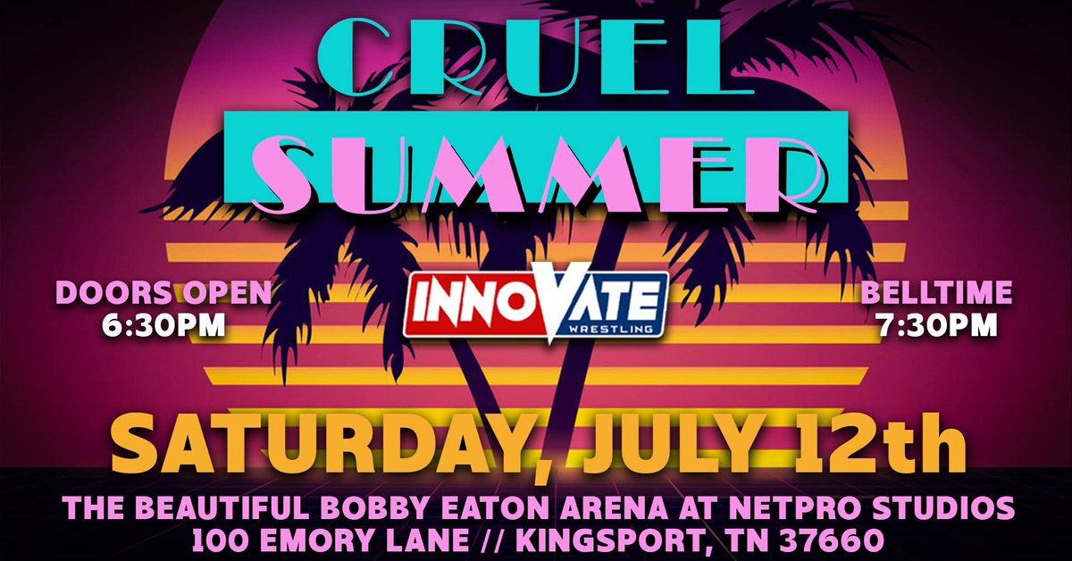 The Dreamweaver (@waynemoxxi_) on Twitter photo INNOVATE WRESTLING: CRUEL SUMMER โ๏ธ
<a href="/innovatepw/">Innovate Wrestling</a>
Saturday, July 12th // 7:30 PM
Kingsport, TN // <a href="/NetproStudios/">NETPRO Studios</a> INNOVATE WRESTLING: CRUEL SUMMER โ๏ธ
<a href="/innovatepw/">Innovate Wrestling</a>
Saturday, July 12th // 7:30 PM
Kingsport, TN // <a href="/NetproStudios/">NETPRO Studios</a>