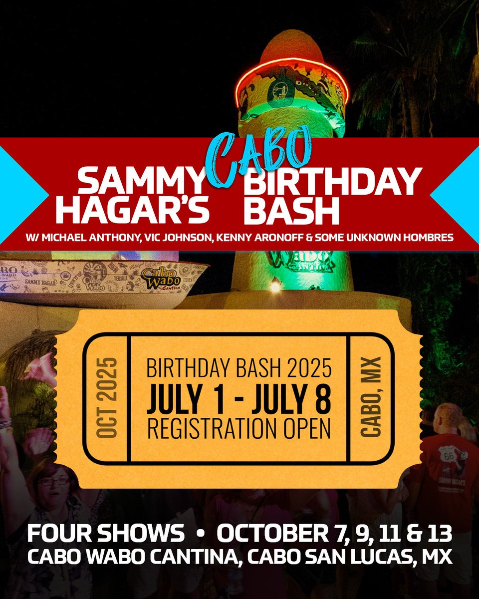 sammyhagar's tweet image. Four nights in Cabo? You KNOW what that means! 🎉🌴 It’s time to party Redhead style. The Birthday Bash is back in it's classic Cabo format October 7th, 9th, 11th & 13th!
We’ve got the usual suspects, some surprise amigos, and enough spirits-fueled rock & roll to keep Cabo…