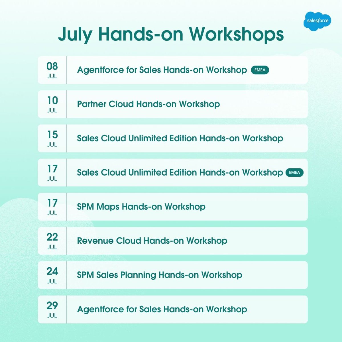 The fireworks are just getting started on the 4th! Keep the good vibes going all month long with our Hands-on Workshops. 🎆

Come learn from our top product experts and start closing more deals with Salesforce.

Register now to save your spot: sforce.co/4nz6DZe
