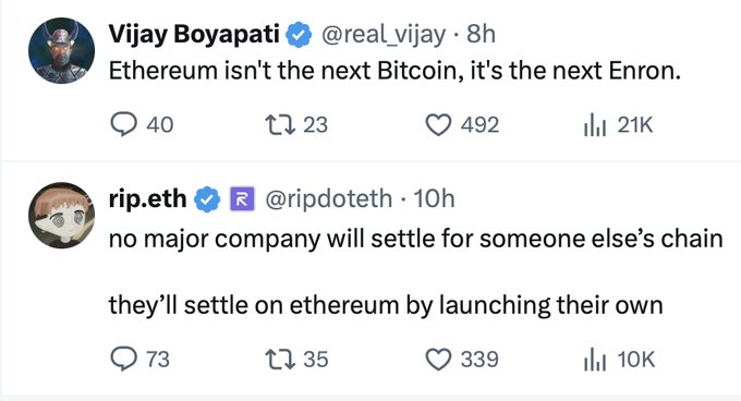 EthereumをEnronと比較するXの投稿のスクリーンショット