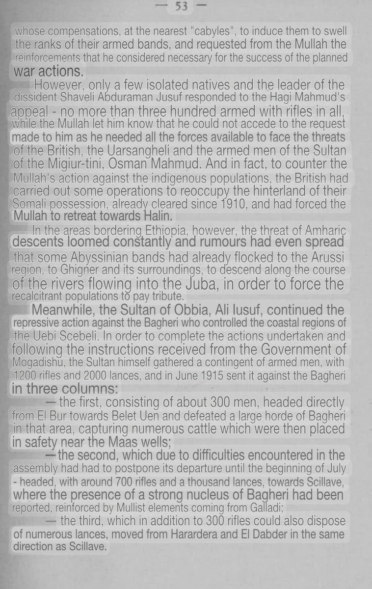Cush110863351's tweet image. In 1915, Hobyo Sultanate + Italian led forces attacked Shilabo, Qoraxey and killed 400 of the Bah Geri Dervishes. Those that survived went to Beledweyne. Sultan Ali Yusuf of Hobyo Sultanate, under the Italian gov. in Mogadishu’s order, sent 2,000+ men to crush the Bah Geri.